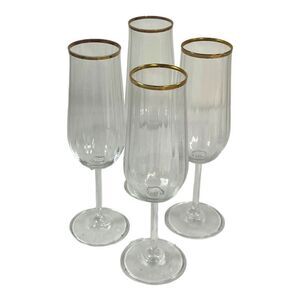 4 Vtg Champagne Flutes Crystal Lead Germany Gold Rimmed Elegant Wedding Stemware